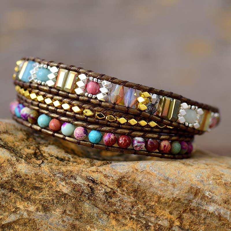 Colorful Multistrand Bead Bracelet With Brown Leather - Turquoise Trading Co
