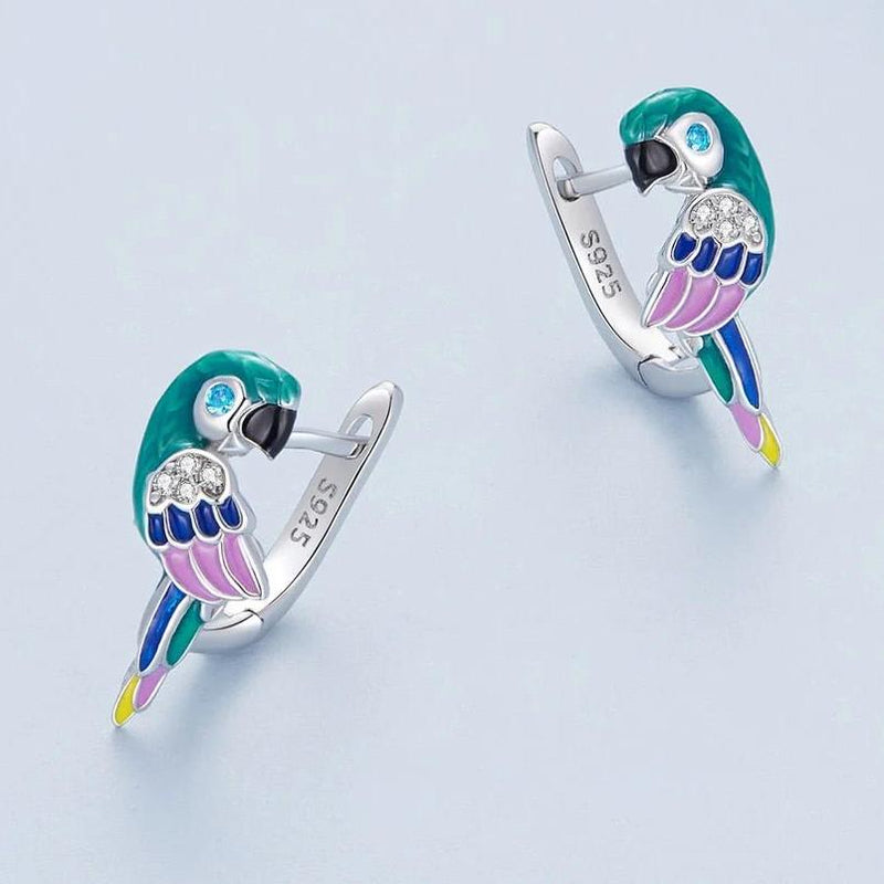 Colorful Turquoise, Blue and Pink Enamel Parrot Ear Buckle Earrings with 925 Sterling Silver - Turquoise Trading Co