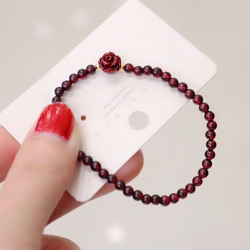 Dainty Red Cinnabar Beaded Bracelet With Rose - Turquoise Trading Co