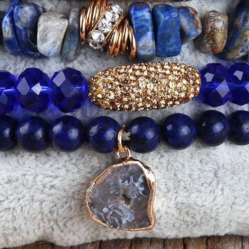 Dark Blue Mixed 5 Piece Beaded Bracelet Set With Druzy Stone - Turquoise Trading Co