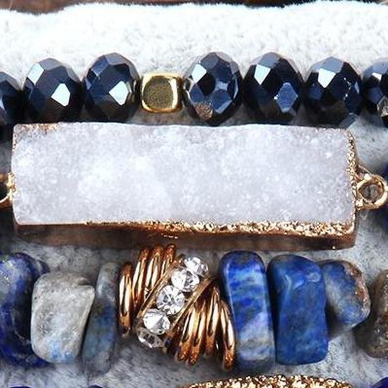 Dark Blue Mixed 5 Piece Beaded Bracelet Set With Druzy Stone - Turquoise Trading Co