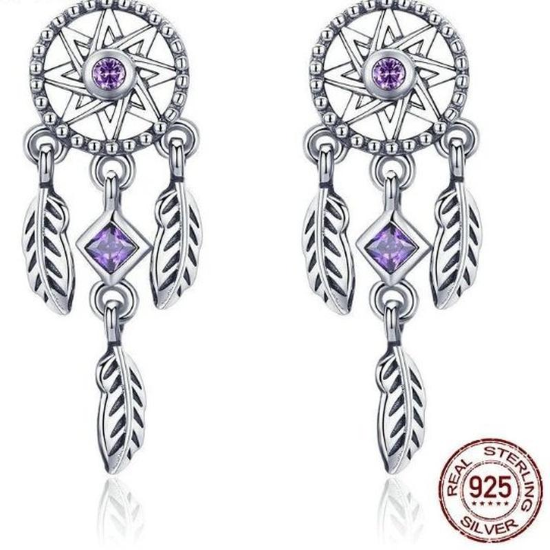 Dream-catcher Feather Earrings With Purple CZ Stones and 925 Sterling Silver - Turquoise Trading Co