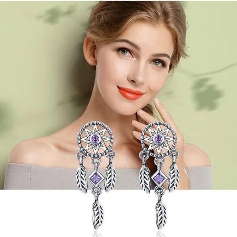 Dream-catcher Feather Earrings With Purple CZ Stones and 925 Sterling Silver - Turquoise Trading Co