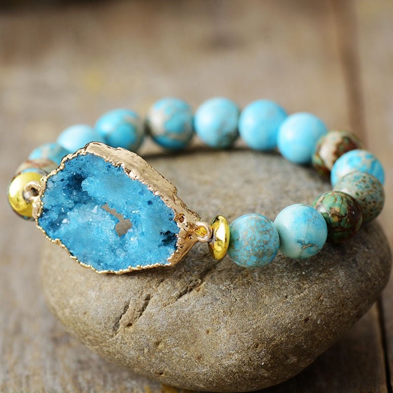 Druzy Blue Gemstone and Turquoise 10MM Beaded Bracelet - Turquoise Trading Co