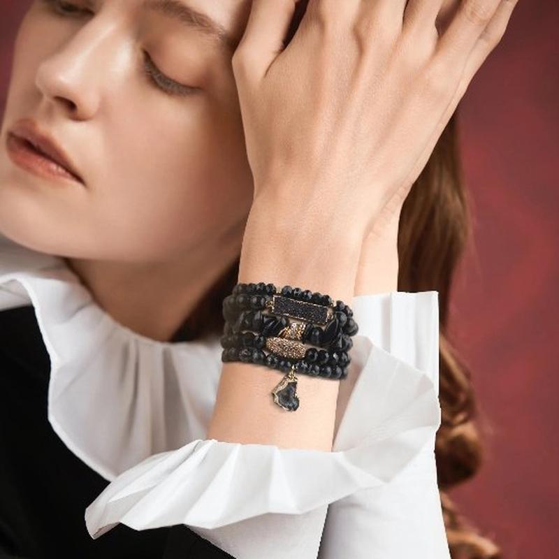 Druzy Stone 5 Piece Black Beaded Bracelet Set - Turquoise Trading Co