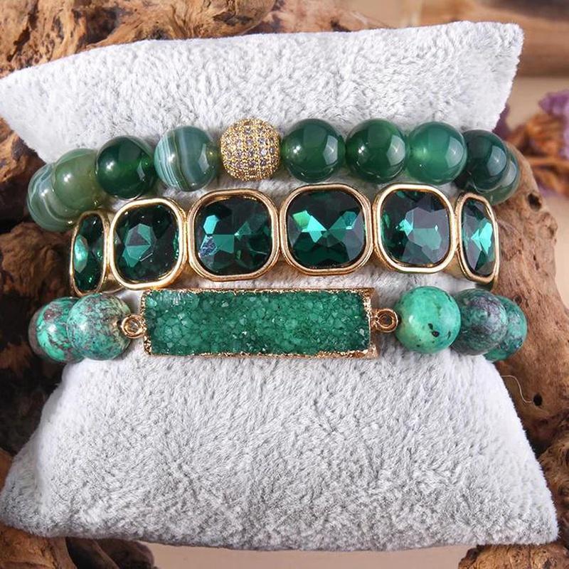 Emerald Green 3 Piece Beaded Bracelet Druzy Stone Set - Turquoise Trading Co