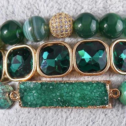 Emerald Green 3 Piece Beaded Bracelet Druzy Stone Set - Turquoise Trading Co