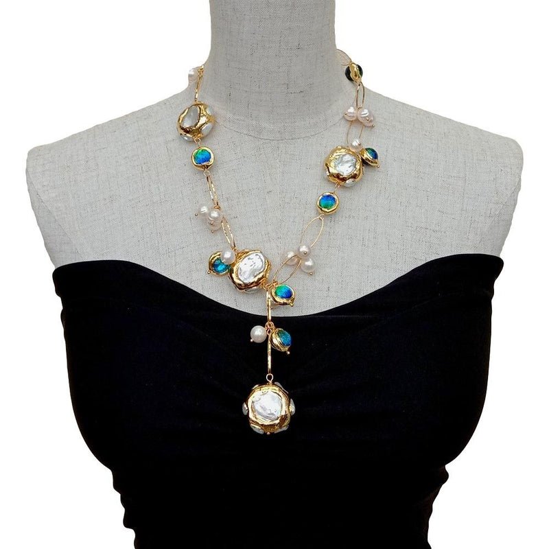 Freshwater Cultured White Keshi Pearl and Blue Murano Glass Statement Necklace - Turquoise Trading Co