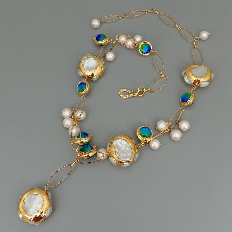 Freshwater Cultured White Keshi Pearl and Blue Murano Glass Statement Necklace - Turquoise Trading Co