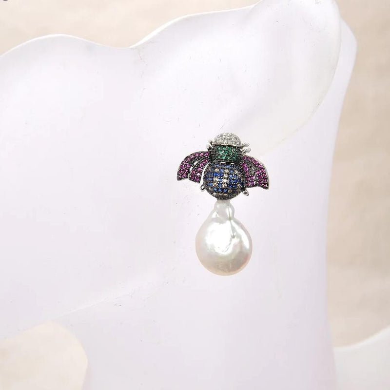 Freshwater White Coin Pearl and Mosaic CZ Bee Earrings - Turquoise Trading Co