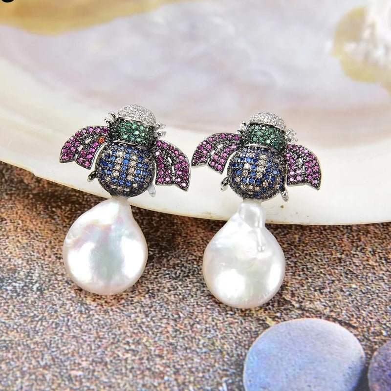 Freshwater White Coin Pearl and Mosaic CZ Bee Earrings - Turquoise Trading Co