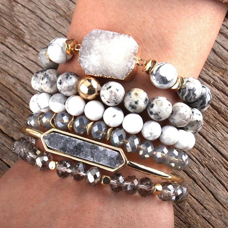 Gray 6 Pc Beaded Bracelet Set With Map Stone, Labradorite, Quartz & White Turquoise - Turquoise Trading Co