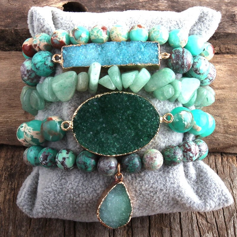 Green and Turquoise Natural 5 Piece Beaded Bracelet Sets With 3 Druzy Stones - Turquoise Trading Co