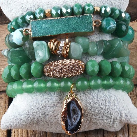 Green Jade 5 Piece Mixed Beaded Bracelet Set With Druzy Stone - Turquoise Trading Co