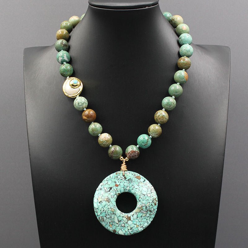 Green Mixed 14MM Turquoise Bead Necklace with White Keshi Pearl and Ripple Turquoise Pendant - Turquoise Trading Co