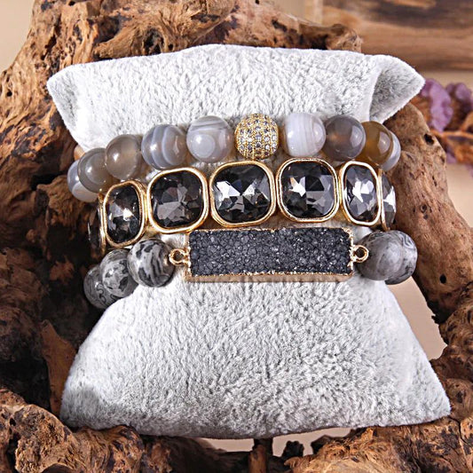 Grey 3 Piece Druzy Stone Beaded Bracelet Set - Turquoise Trading Co