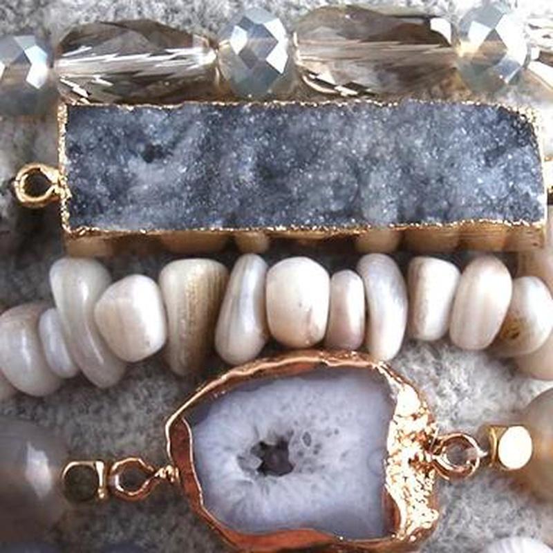 Grey Jasper 5 Piece Mixed Beaded Bracelet Set With Druzy Stone - Turquoise Trading Co