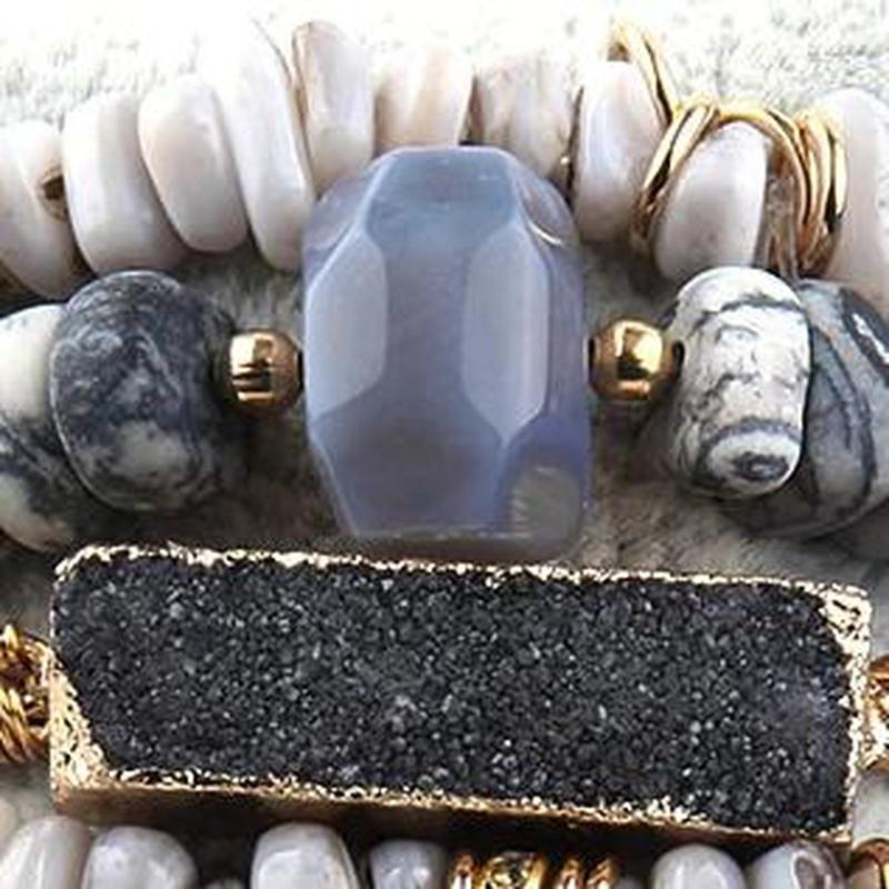 Grey Jasper 5 Piece Mixed Beaded Bracelet Set With Druzy Stone Bengal - Turquoise Trading Co