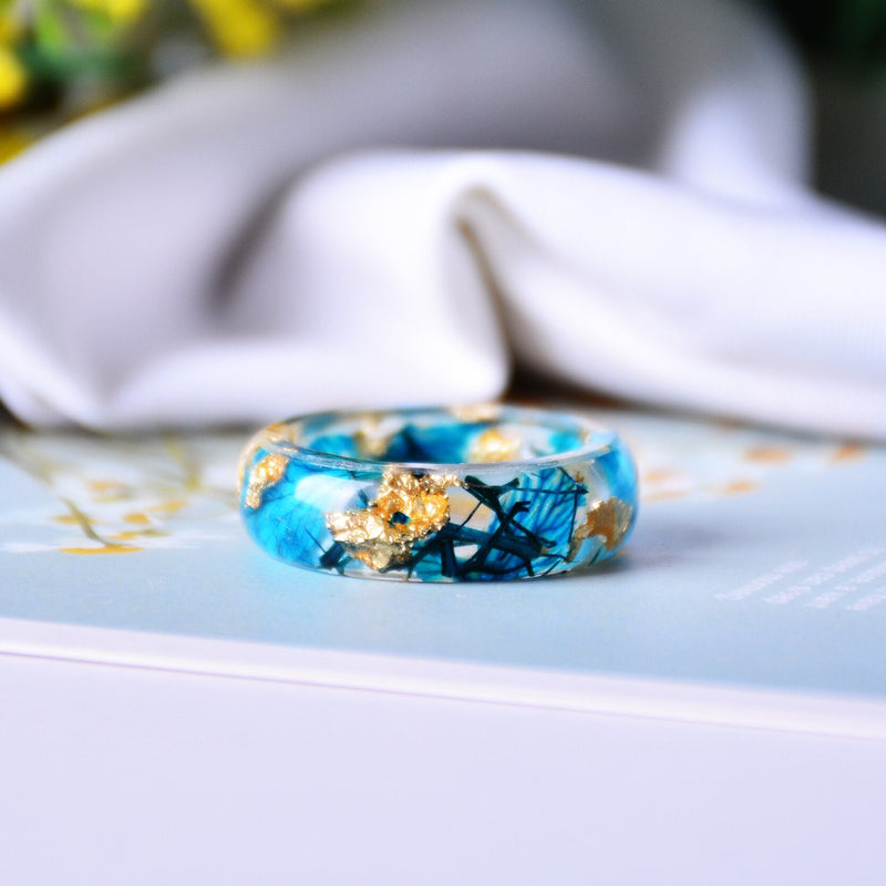Handmade Dried Turquoise and Blue Leaf With Gold Foil Resin Ring - Turquoise Trading Co