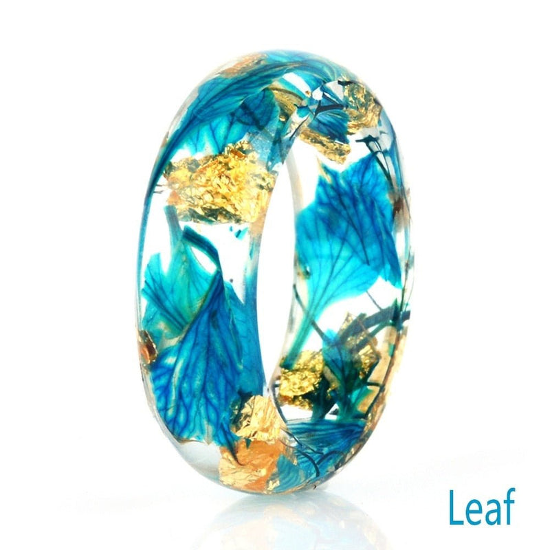 Handmade Dried Turquoise and Blue Leaf With Gold Foil Resin Ring - Turquoise Trading Co