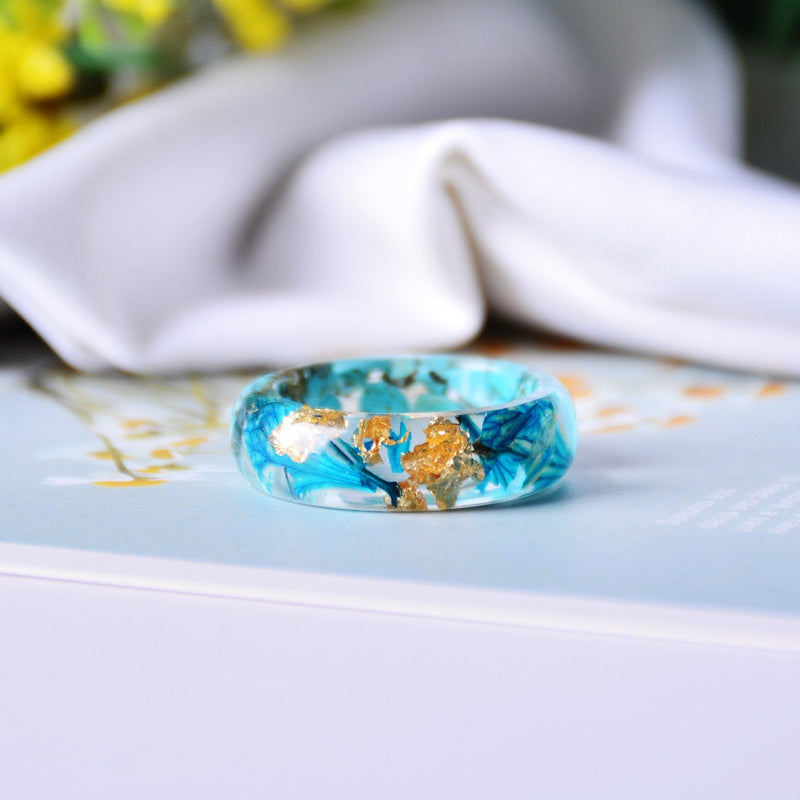 Handmade Natural Turquoise Stone, Blue Epoxy and Gold Foil Resin Ring - Turquoise Trading Co