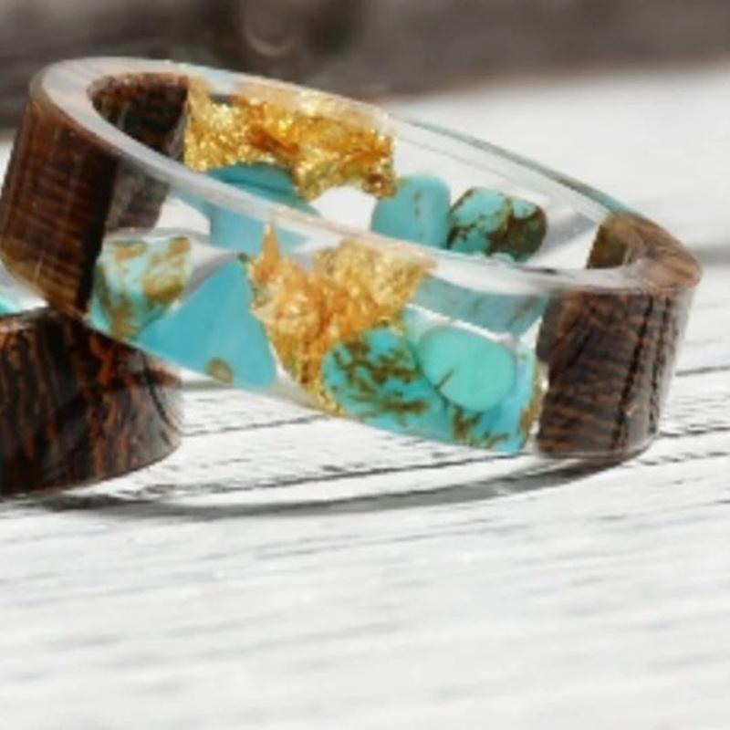 Handmade Natural Turquoise Stone With Gold Leads Resin Ring and Wood Like Accents - Turquoise Trading Co