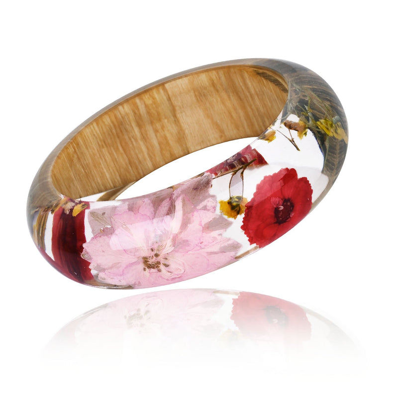 Handmade Real Dried Flower Bangle With Pink/Red Flowers and Real Wood - Turquoise Trading Co