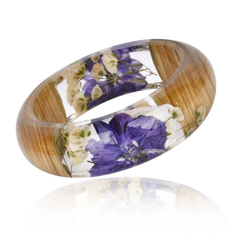 Handmade Real Dried Flower Bangle With Purple/White Flowers And Real Wood - Turquoise Trading Co