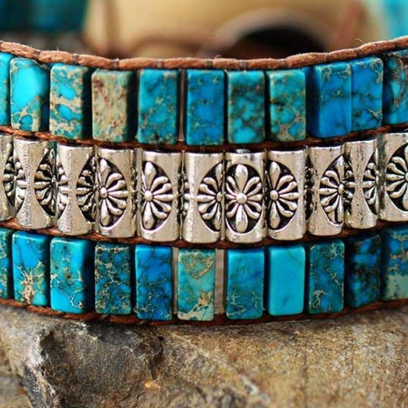 Handmade Turquoise Stone, Silver Metal and Leather Statement Bracelet - Turquoise Trading Co