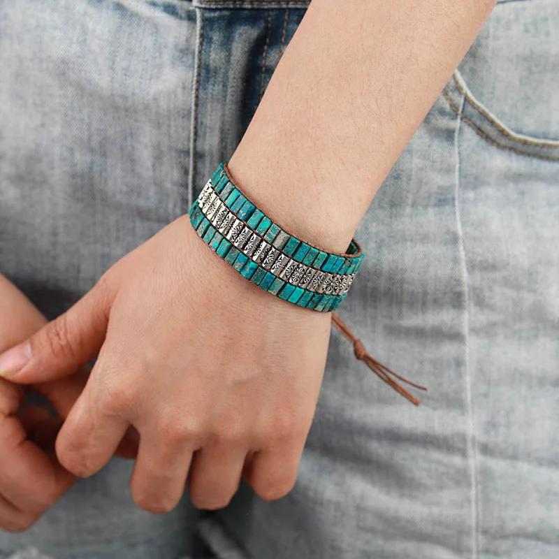 Handmade Turquoise Stone, Silver Metal and Leather Statement Bracelet - Turquoise Trading Co