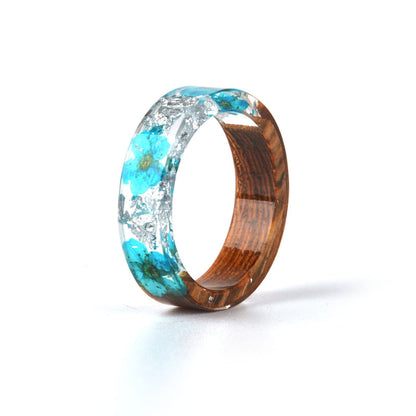 Homemade Natural Turquoise Dried Flower Resin Ring With Wood Design - Turquoise Trading Co
