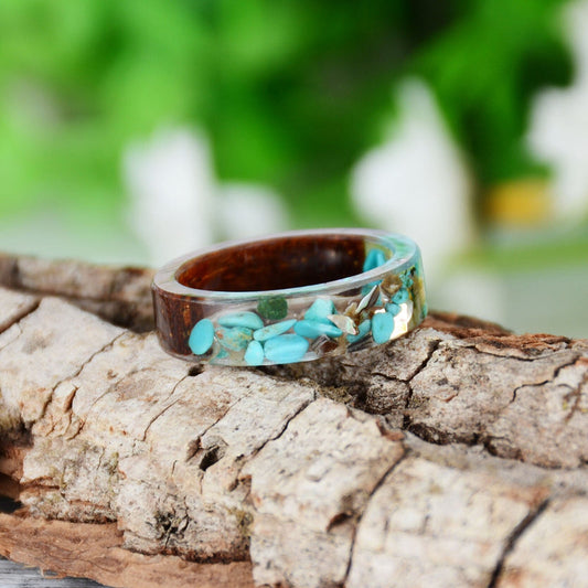 Homemade Natural Turquoise Stone And Gold Dried Plants Resin Rings With Wood Design - Turquoise Trading Co