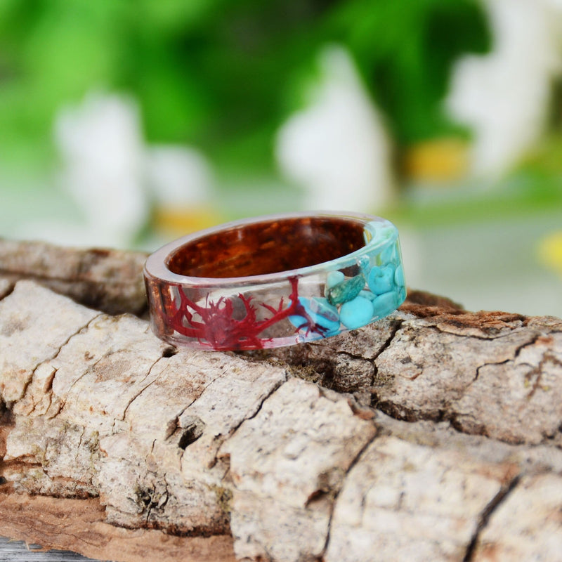 Homemade Natural Turquoise Stone and Red Dried Plants Resin Rings With Wood Design - Turquoise Trading Co