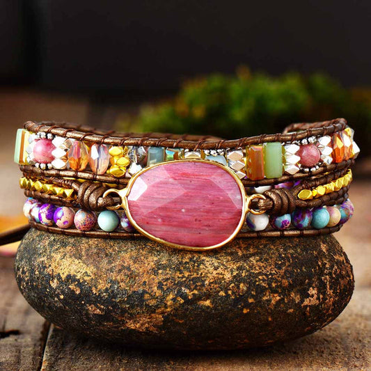 Leather Wrap Bracelet With Multi Colored Beads and Pink Center Stone - Turquoise Trading Co