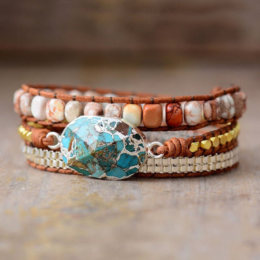 Leather Wrap Bracelet with Turquoise Stone and Jasper Beads - Turquoise Trading Co