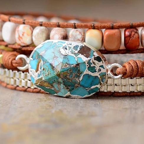 Leather Wrap Bracelet with Turquoise Stone and Jasper Beads - Turquoise Trading Co