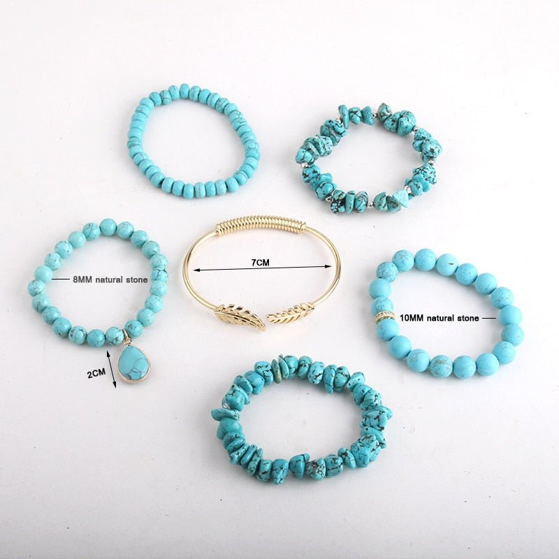 Light Turquoise 6 piece Beaded Bracelet Set With Gold Leaves Bangle and Charm - Turquoise Trading Co