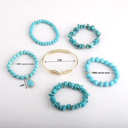 Light Turquoise 6 piece Beaded Bracelet Set With Gold Leaves Bangle and Charm - Turquoise Trading Co