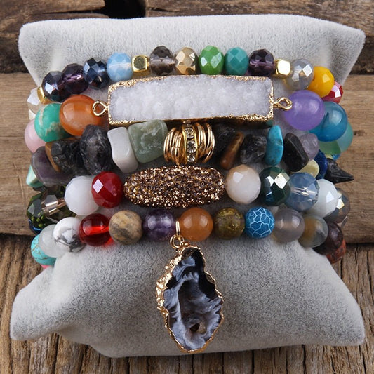 Multi-color 5 Piece Mixed Beaded Bracelet Set With Druzy Stone - Turquoise Trading Co