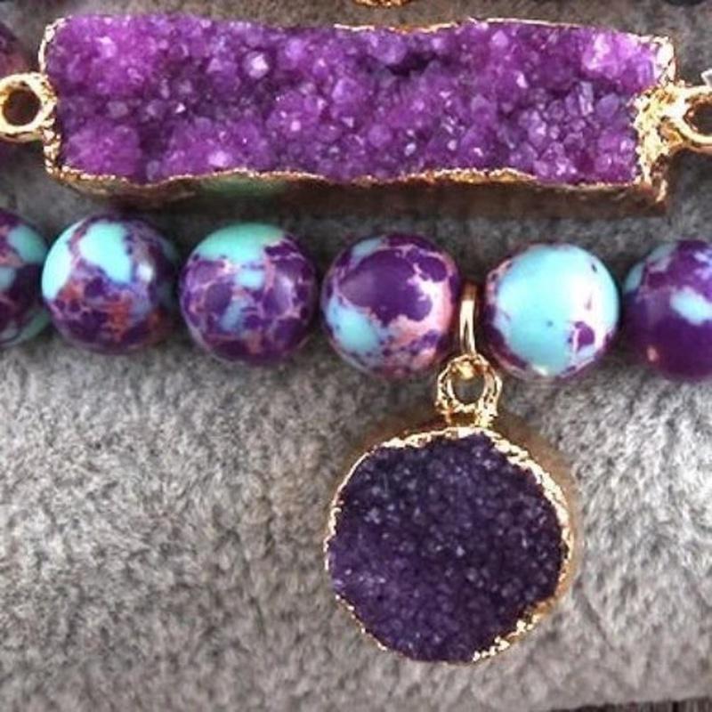 Natural Amethyst Stone, Beads, and Druzy Charm 5 Piece Bracelet Set - Turquoise Trading Co