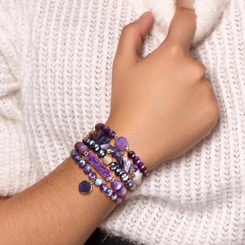 Natural Amethyst Stone, Beads, and Druzy Charm 5 Piece Bracelet Set - Turquoise Trading Co