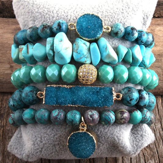 Natural Blue Green and Teal Turquoise Beaded Stone 5 Piece Bracelet Set With Blue Agate Stone - Turquoise Trading Co