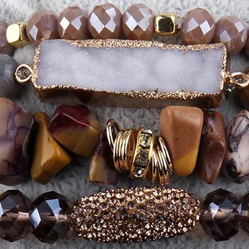 Natural Brown 5 Piece Mixed Beaded Bracelet Set With Druzy Stone - Turquoise Trading Co