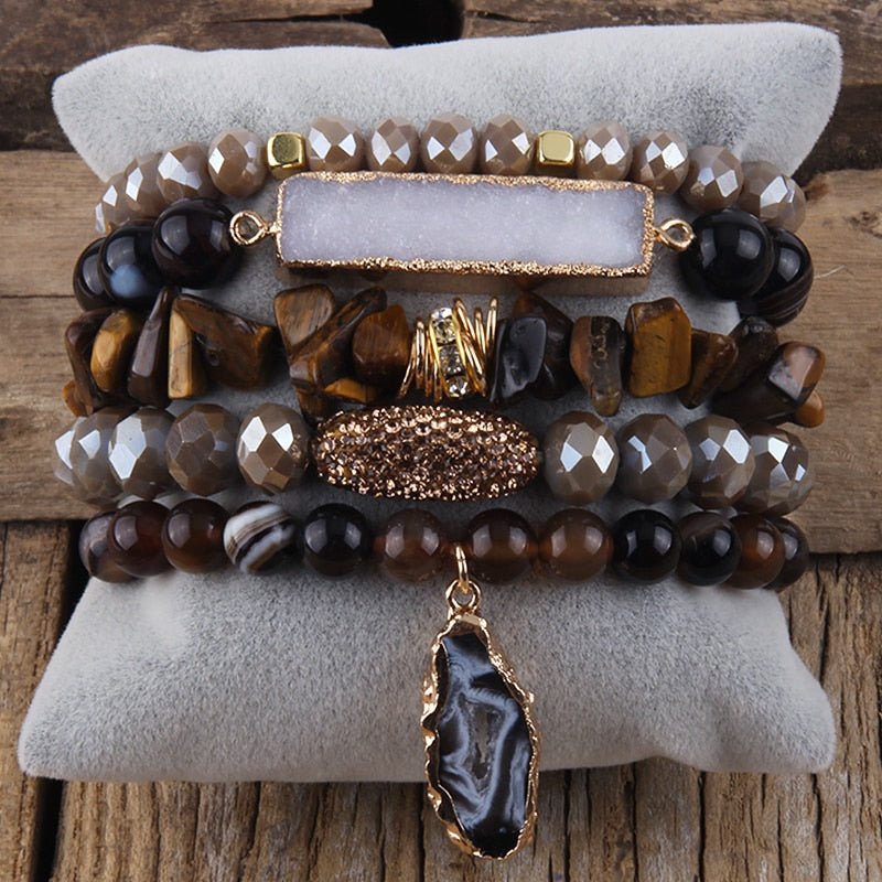 Natural Brown 5 Piece Mixed Beaded Bracelet Set With Druzy Stone - Turquoise Trading Co