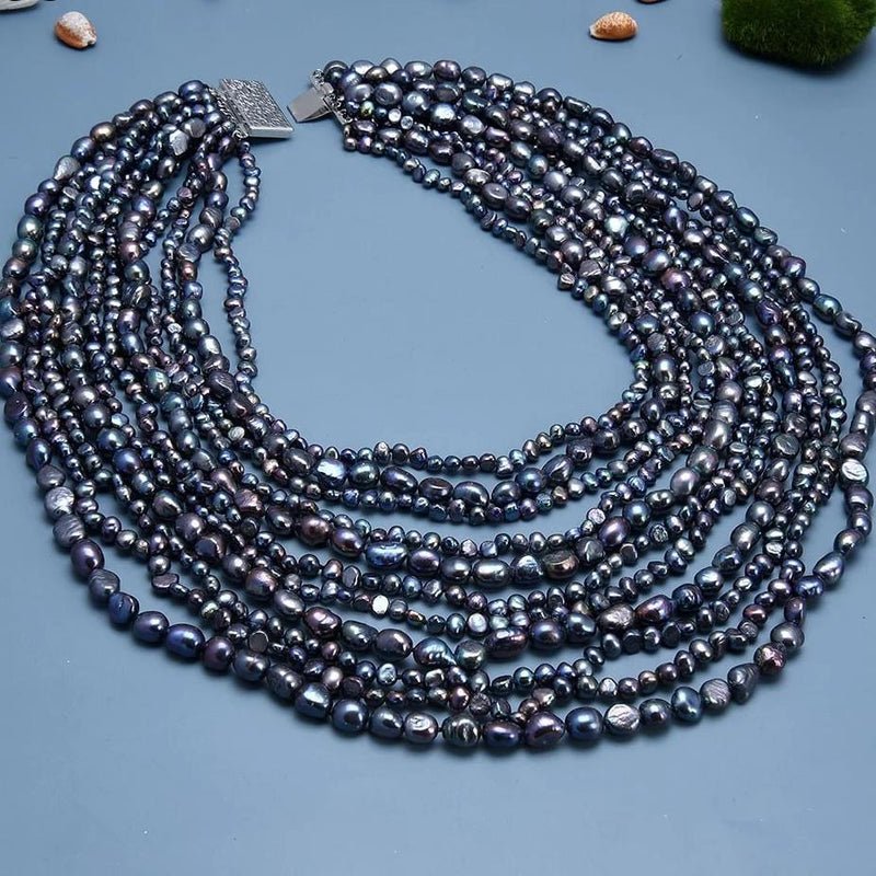 Natural Freshwater Black Pearl and Keshi Pearl 11 Strand Statement Necklace - Turquoise Trading Co