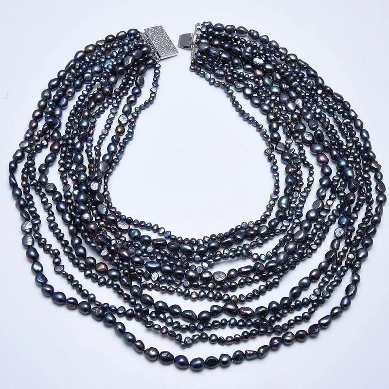 Natural Freshwater Black Pearl and Keshi Pearl 11 Strand Statement Necklace - Turquoise Trading Co