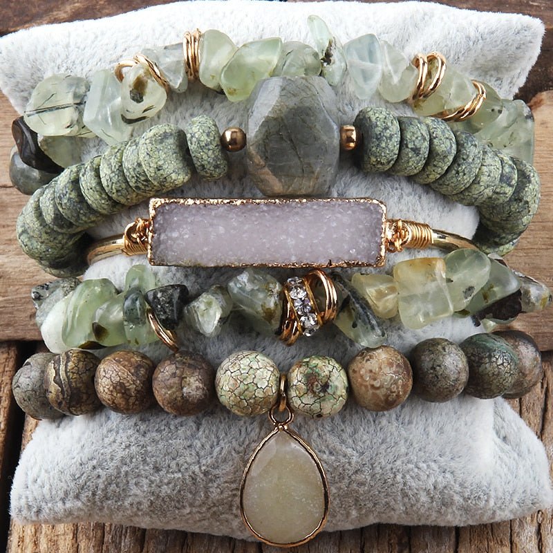 Natural Green 5 Piece Mixed Beaded Bracelet Set with Druzy Stone - Turquoise Trading Co