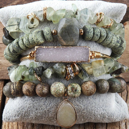 Natural Green 5 Piece Mixed Beaded Bracelet Set with Druzy Stone - Turquoise Trading Co
