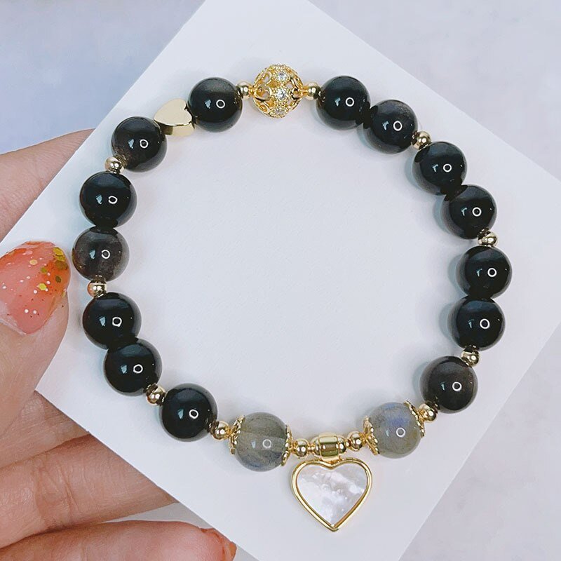 Natural Obsidian, Moonstone and Strawberry Quartz Heart Charm Beaded Bracelet - Turquoise Trading Co