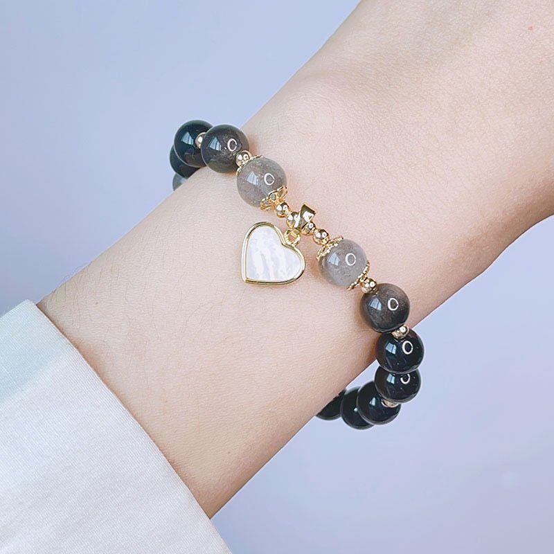 Natural Obsidian, Moonstone and Strawberry Quartz Heart Charm Beaded Bracelet - Turquoise Trading Co